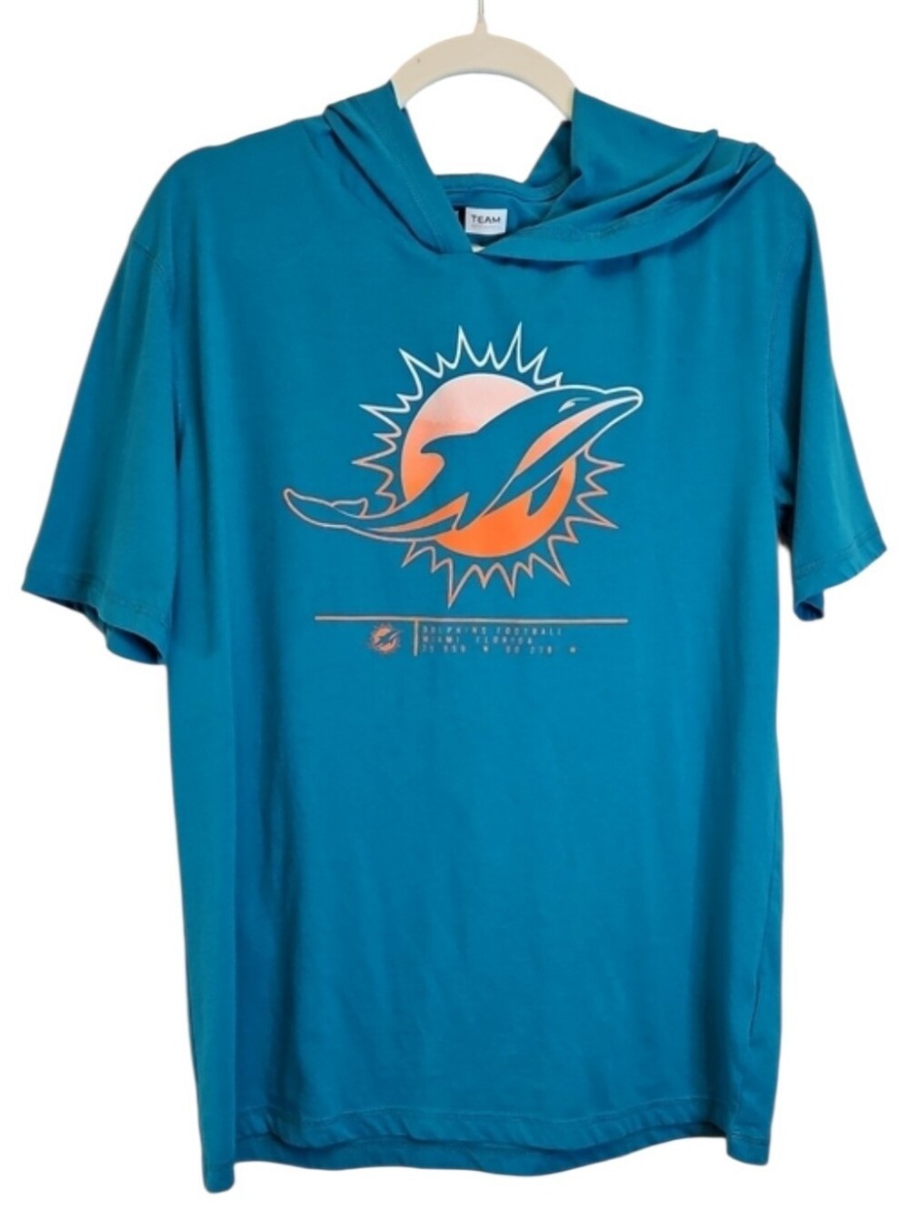 NFL Team Apparel Miami Dolphins Teal Hooded Tee with Orange Logo, Size Large